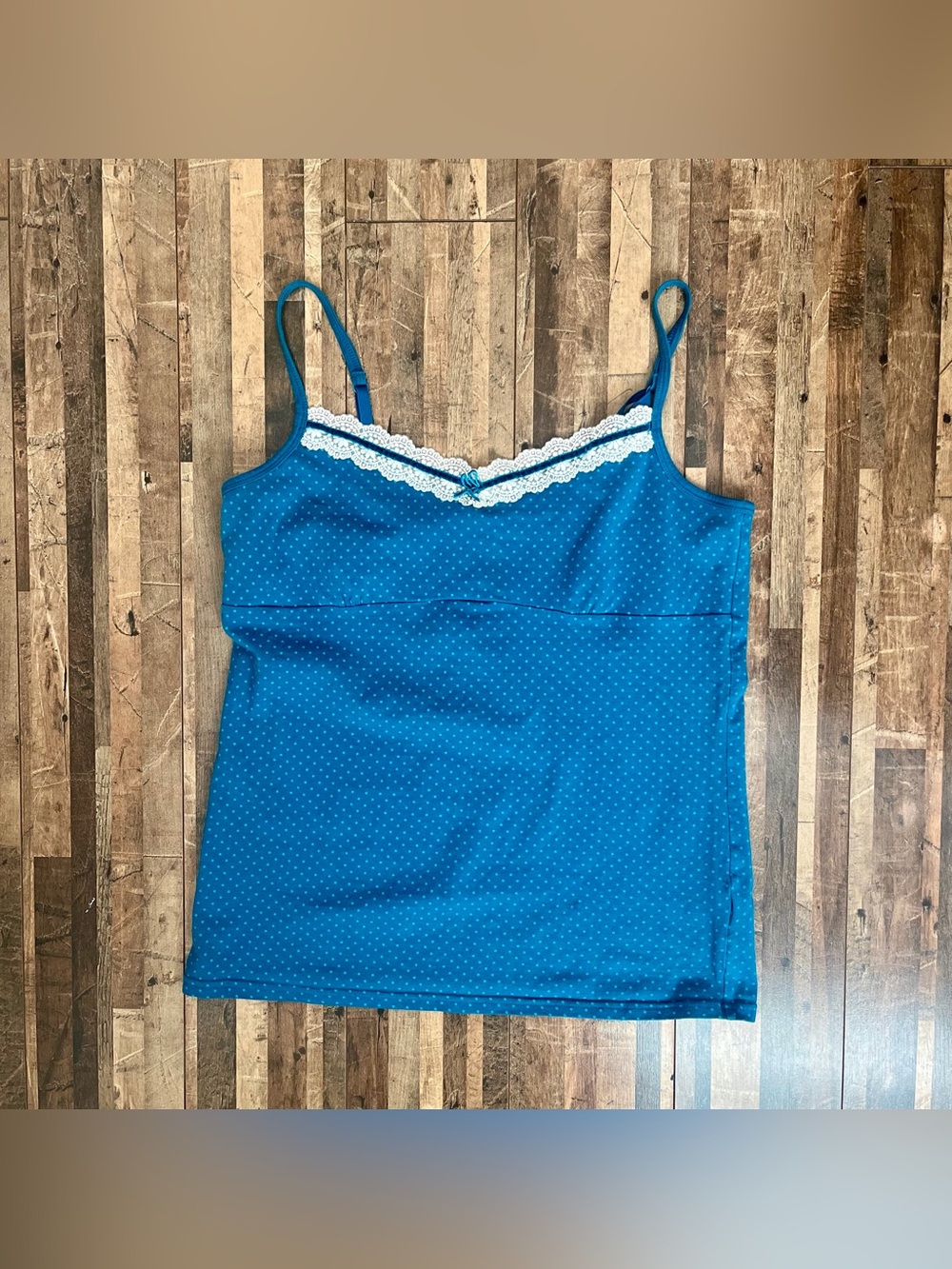 Faded Glory Y2K Polka Dot Lace Trim Cami Tank Top Teal Blue Sz L
